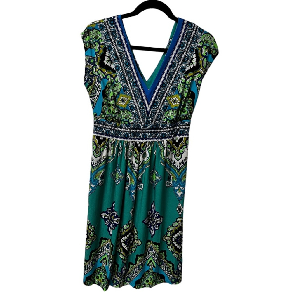 Kiara Women’s M Green Blue Paisley V-Neck Sleeveless Dress